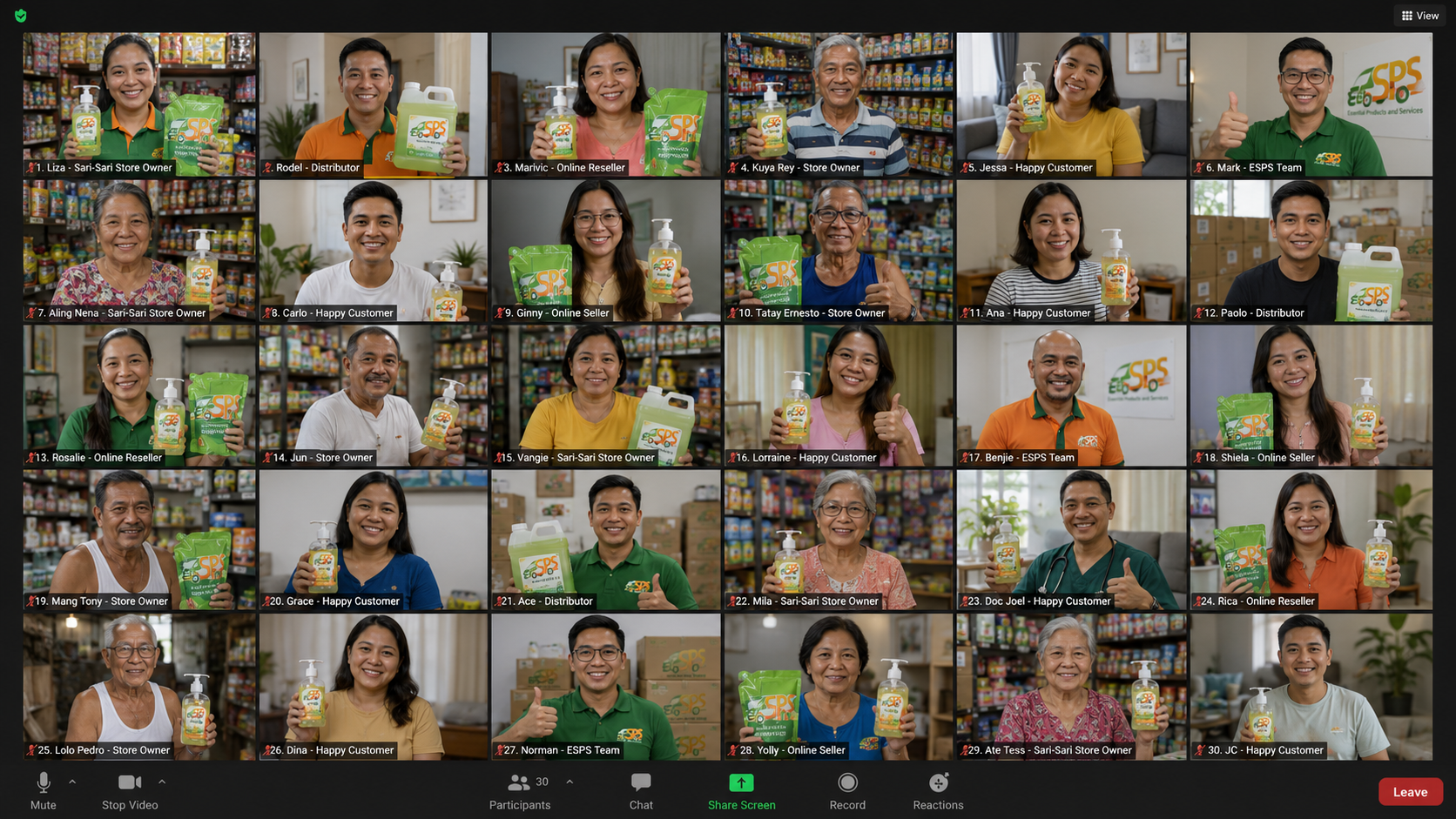 30 ESPS partners at kasosyo sa isang video call, hawak ang kanilang mga produkto